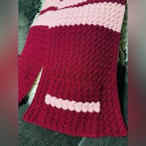 Vintage Handmade Scarf With Pockets,Burgundy & Pink Knitted/Crochet XLong Scarf